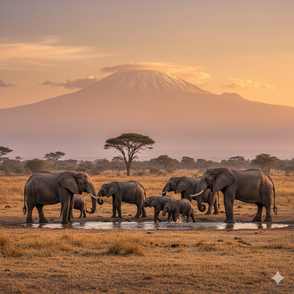 Amboseli elephants and Kilimanjaro